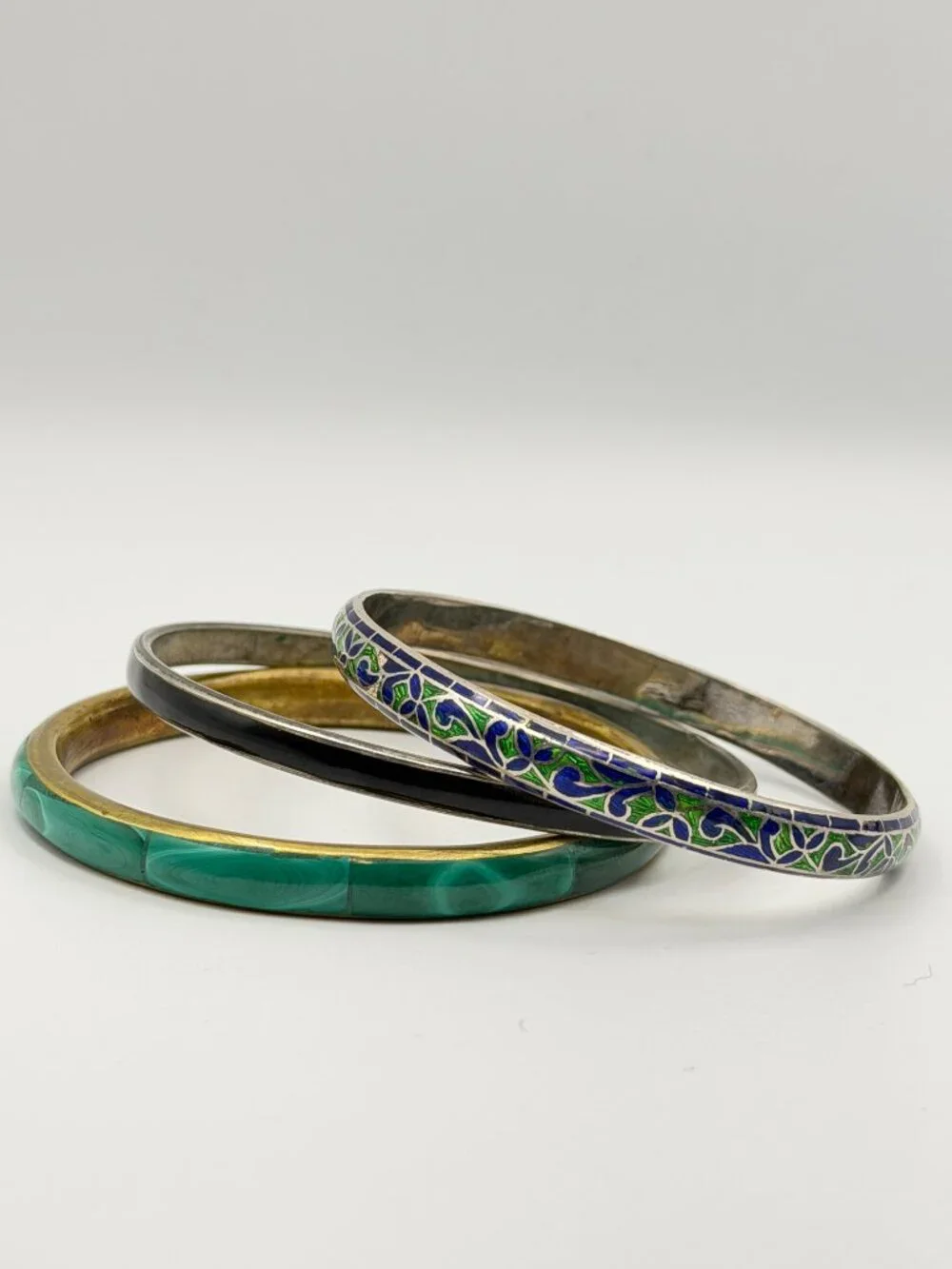 Vintage Mixed Bangle Stack Set Lot of 3 Boho Cloisonne Faux Malachite